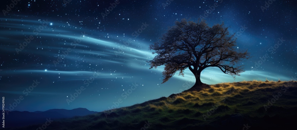 Wall mural A tree stands on a hill at midnight under a starry sky