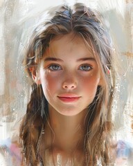 The brushstrokes around the girls mouth suggest a hint of a smile, adding a sense of warmth and joy to the portrait 8K , high-resolution, ultra HD,up32K HD