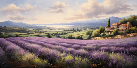 A Provencal landscape with endless lavender fields plant flowers herbal landscape outdoor nature background scene - obrazy, fototapety, plakaty