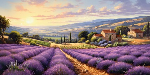 A Provencal landscape with endless lavender fields plant flowers herbal landscape outdoor nature background scene