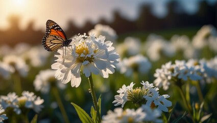 A butterfly alights upon a white daisy, its delicate wings adorned with intricate patterns of color, a fleeting moment of natural beauty as it sips nectar from the flower's golden center . - obrazy, fototapety, plakaty