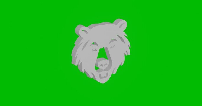 Animation of rotation of a white bear head symbol with shadow. Simple and complex rotation. Seamless looped 4k animation on green chroma key background