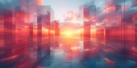 Urban Virtual Reality Sunset: Modern Geometric Architecture and Intricate Shadows on Empty Canvas