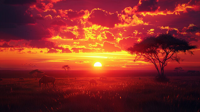 A dramatic sunset over a vast savanna, with silhouetted acacia trees and grazing wildlife against a backdrop of fiery oranges and purples, capturing the essence of the African wilderness.