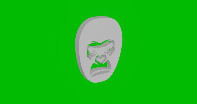 Animation of rotation of a white gorilla head with shadow. Simple and complex rotation. Seamless looped 4k animation on green chroma key background