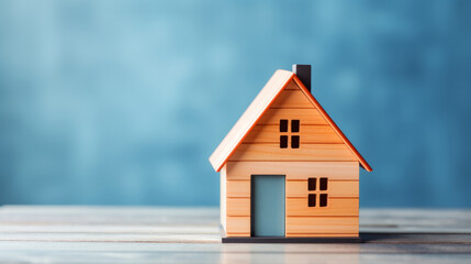 Simplistic wooden house model against soft blue background, clarity and stability in property. Homeownership dreams and real estate investment. Banner with copy space
