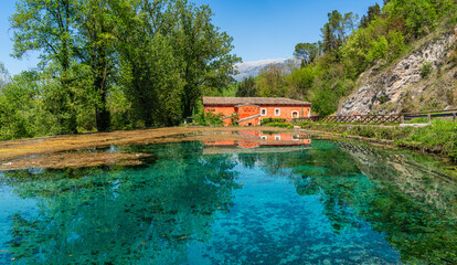 Idyllic view at Posta Fibreno Lake Natural Reserve. In the province of Frosinone, Lazio, Italy. - 790249740