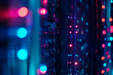 close-up photo of the glowing LEDs of a server rack against a deep blue tech background, depicting the reliability and resilience of internet networks.