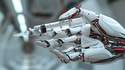 Robotic hand holding a medical syringe in a 3D rendering - obrazy, fototapety, plakaty