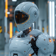 Fototapeta premium Robot at Work in White Modern Space - Artificial Intelligence Technology