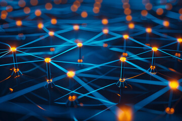 glowing nodes of a network diagram against a deep blue tech background, representing the interconnectedness of devices and systems in the digital ecosystem.