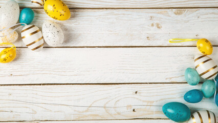 happy easter. holidays background with easter eggs decoration on wooden background
