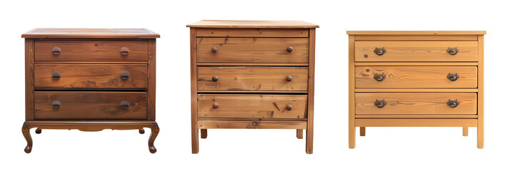 set of different wooden dressers, each showcasing a different style era, isolated on transparent background