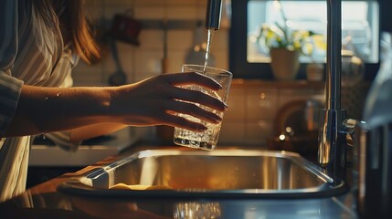 A stream of drinkable, pure water enters the glass. A woman in the kitchen is holding a glass of water under the running tap. - obrazy, fototapety, plakaty