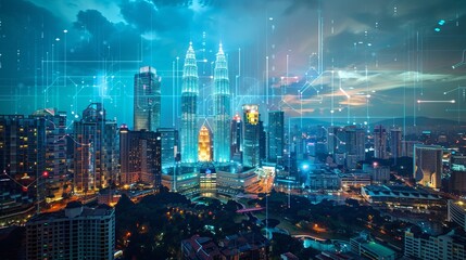Obraz premium A holographic hologram of abstract technology icons surrounds a panoramic view of Kuala Lumpur, Malaysia, Asia. Concept of connections and networking among individuals. Double exposure. 