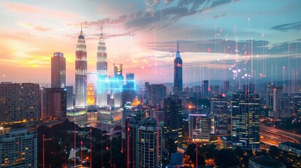 A holographic hologram of abstract technology icons surrounds a panoramic view of Kuala Lumpur, Malaysia, Asia. Concept of connections and networking among individuals. Double exposure. 
