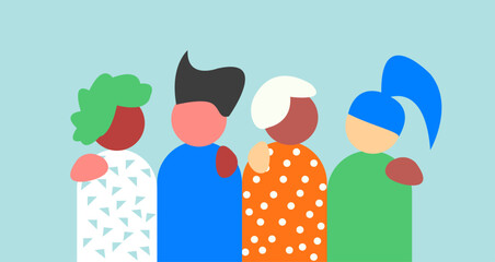 Diverse teenage friendship, each of them put hand on each others shoulder.