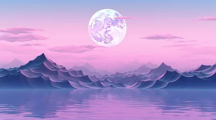Fototapeten Pink landscape with moon over polygonal mountains. Calm surreal backround. © swillklitch