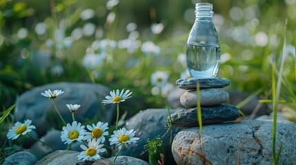 Selective focus on a clean water bottle resting atop stacked stones. A glass bottle containing pure drinking water surrounded by verdant grass and new wildflowers.