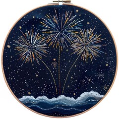 Fireworks embroidery stablized in embroidery hoop on a white background.