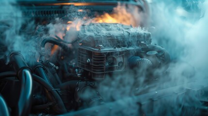 close-up of a car engine overheating. smoke coming from the car engine. smoke or steam from a vehicle engine