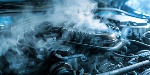 close-up of a car engine overheating. smoke coming from the car engine. smoke or steam from a vehicle engine