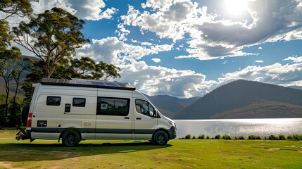 Adventure awaits in a serene landscape, camper van beside a tranquil lake. A journey into nature's embrace, a moment of peace captured. Ideal for travel and lifestyle themes. AI