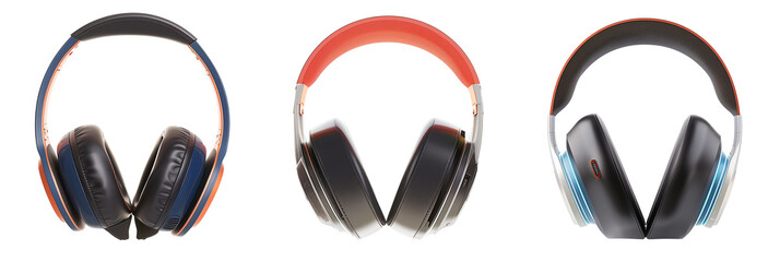 set of different views of headphones integrated with language learning technology, each designed for multilingual education, isolated on transpartent background