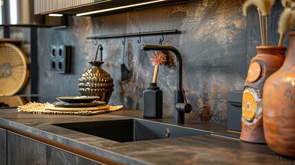 Close-up of a chic kitchen countertop decorated with a black faucet and sink, a contemporary lamp, and elaborate dishes, bowls, and vases. - obrazy, fototapety, plakaty