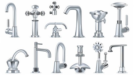 Vector illustration of a realistic chrome water tap collection. Set of aqua plumbing accessories for the kitchen and bathroom, isolated on white.  Stainless household
