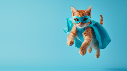tipped tabby cat with blue superhero cloth flying on a blue background