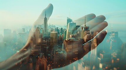 Conceptual image of a city cradled in a hand. Surreal urban dreamscape, blending nature with architecture. Ideal for environmental and urban planning themes. AI