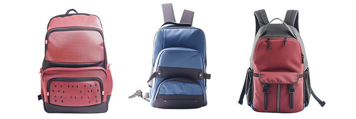 set of different waterproof backpacks for college students, with laptop compartments and ergonomic designs, isolated on transparent background