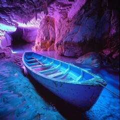     A boat glows with blue aura in an underground neon haven - obrazy, fototapety, plakaty
