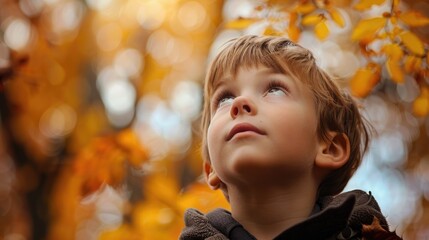A boy of five years has a daydreaming expression during fall