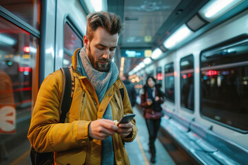 A commuter using public transport while multitasking on a smartphone, modern commuting routine.