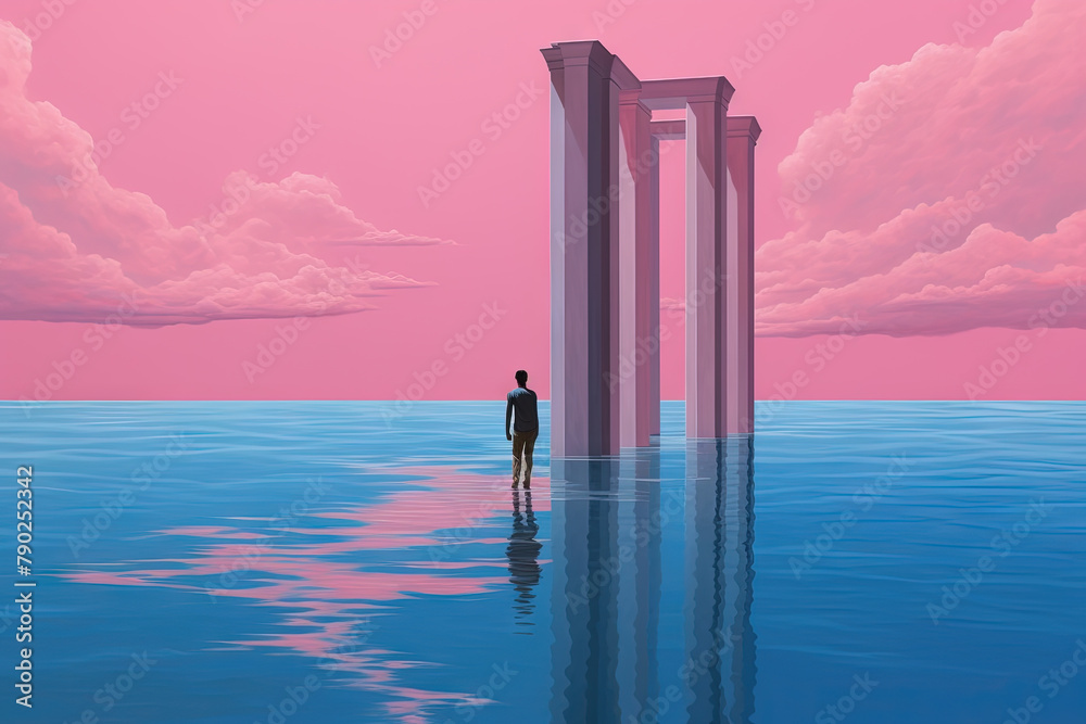 Poster surreal vaporwave landscape with abstract architecture elements on the water. dreamy landscape
