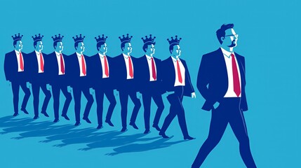 Business Leader Paving the Way for a Team of Crowned Executives Against a Blue Background, leadership concept