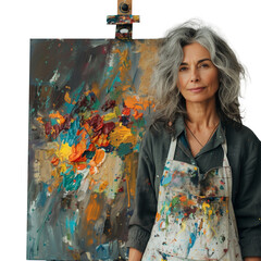 Mature female artist with colorful abstract painting