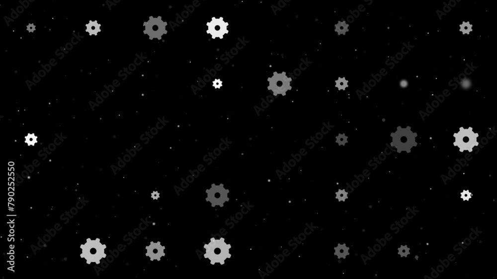Poster template animation of evenly spaced gear symbols of different sizes and opacity. animation of transp