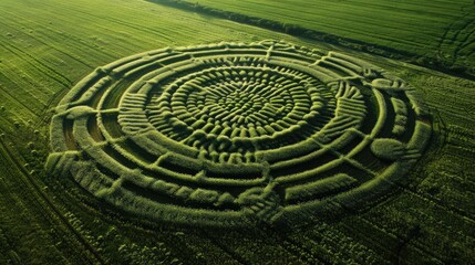 Aerial view of a round maze in the middle of a field