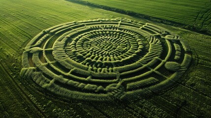 Naklejka premium Aerial view of a round maze in the middle of a field