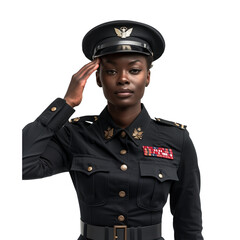 Confident military officer saluting in uniform on transparent background - obrazy, fototapety, plakaty
