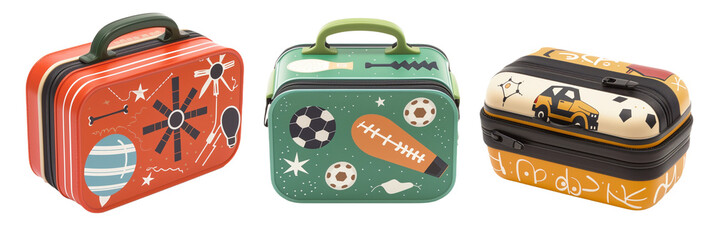 set of different sports-themed lunchboxes for kids, each featuring different sports equipment, isolated on transparent background