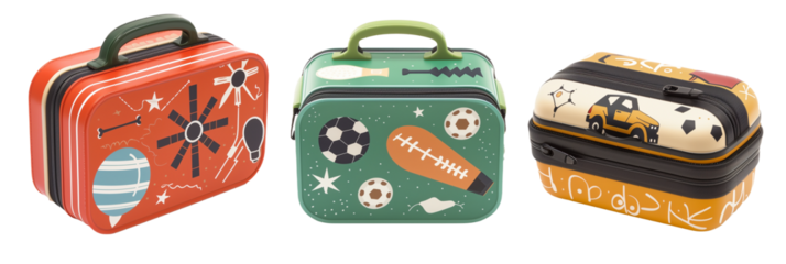 set of different sports-themed lunchboxes for kids, each featuring different sports equipment, isolated on transparent background