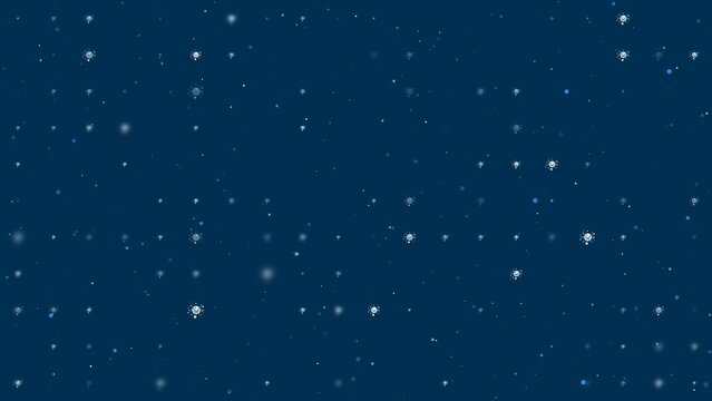 Template animation of evenly spaced cosmic symbols of different sizes and opacity. Animation of transparency and size. Seamless looped 4k animation on dark blue background with stars