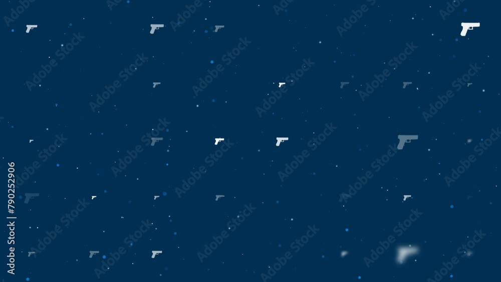 Poster template animation of evenly spaced gun symbols of different sizes and opacity. animation of transpa