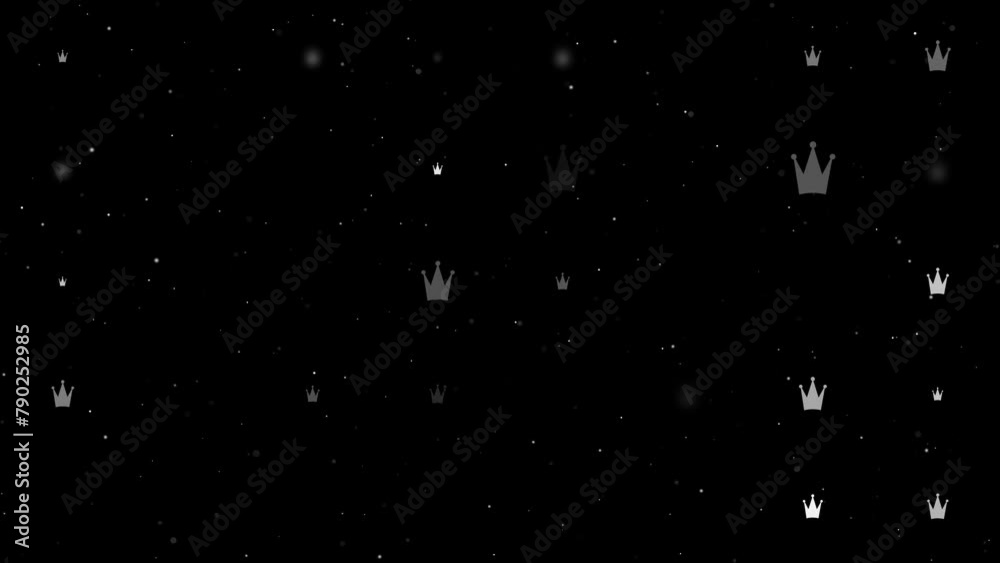 Poster template animation of evenly spaced crown symbols of different sizes and opacity. animation of trans