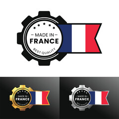 Made in France with gear and flag design. For banner, stamp, sticker, icon, logo, symbol, label, badge, seal, sign. Vector Illustration