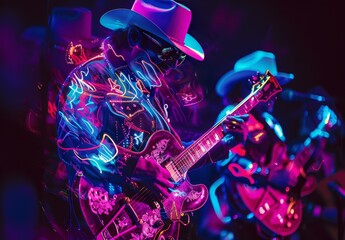 Country singers fuse twangs with Neonpunk visuals, adorned with neon hats and guitars—a blend of old and new